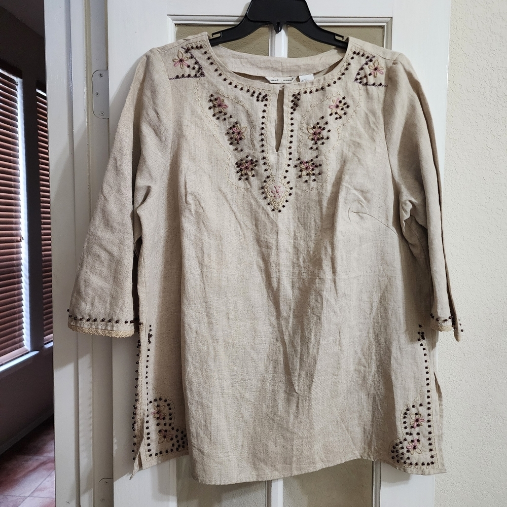 Vintage Edward Woman Linen Blend Embroidered Beaded Boho Tunic Top 1X
